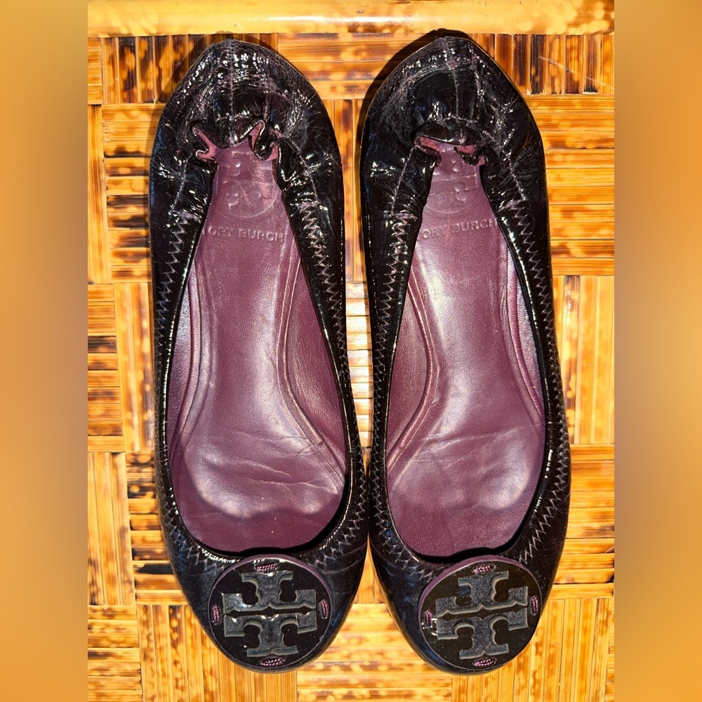 Tory Burch Reva Naplak Ballet Flats; Women's 8.5, Deep Purple Plum (Gently Used)